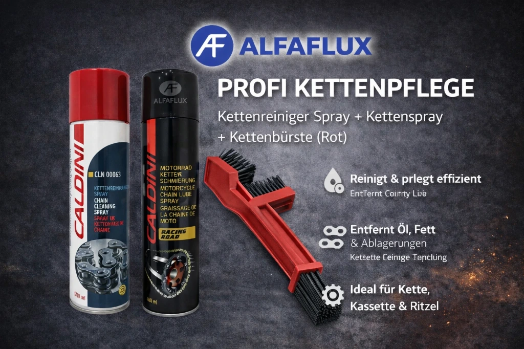 Motorrad Kettenpflege SET – Ketten-Reiniger + Kettenspray 400 ml + Kettenbürste rot