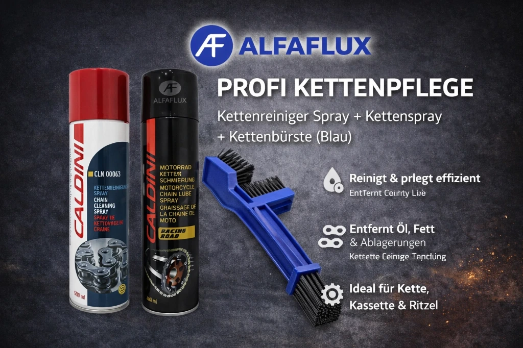Motorrad Kettenpflege SET – Ketten-Reiniger + Kettenspray 400 ml + Kettenbürste Blau